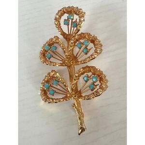 Vintage Austrian Gold Tone Faux Turquoise Leaf Sprig Brooch Pin